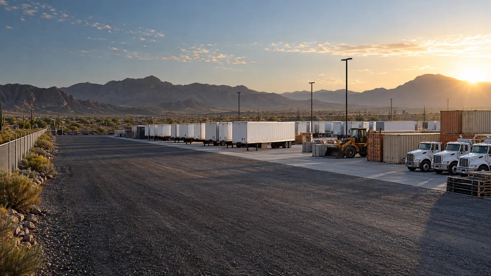 Representative industrial storage yard with commercial trailers, containers, and equipment in a Southwest setting